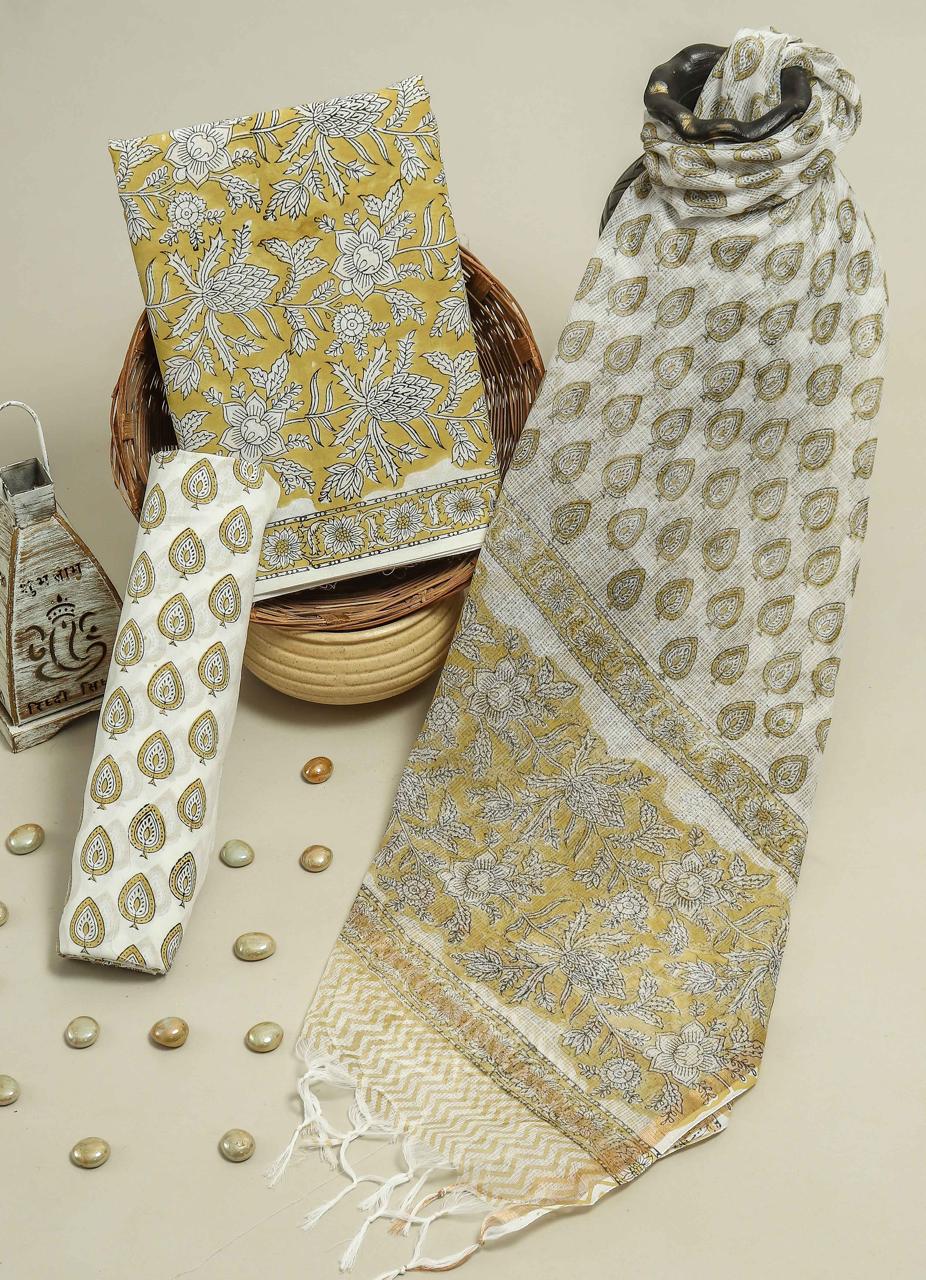 Pure Cotton Hand Block Printed Suit Set With Kota Doria Dupatta
