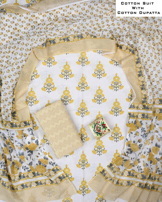 Designer Hand Block Printed Cotton Suit Set With Cotton Dupatta