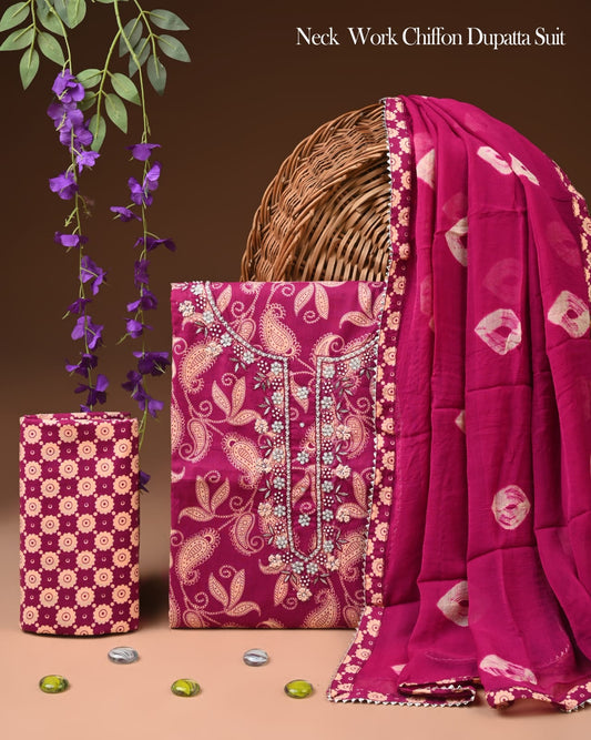 Premium Gota Patti Work Cotton Suit Set With Chiffon Dupatta