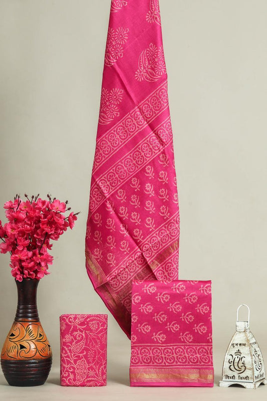 Designer Handblock Printed Maheshwari Silk Suit Set