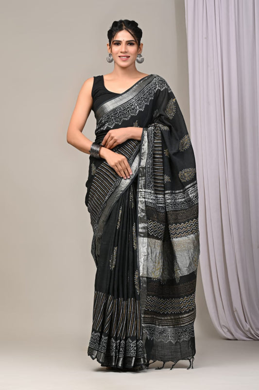Pure Cotton Linen Handblock Printed Saree With Blouse