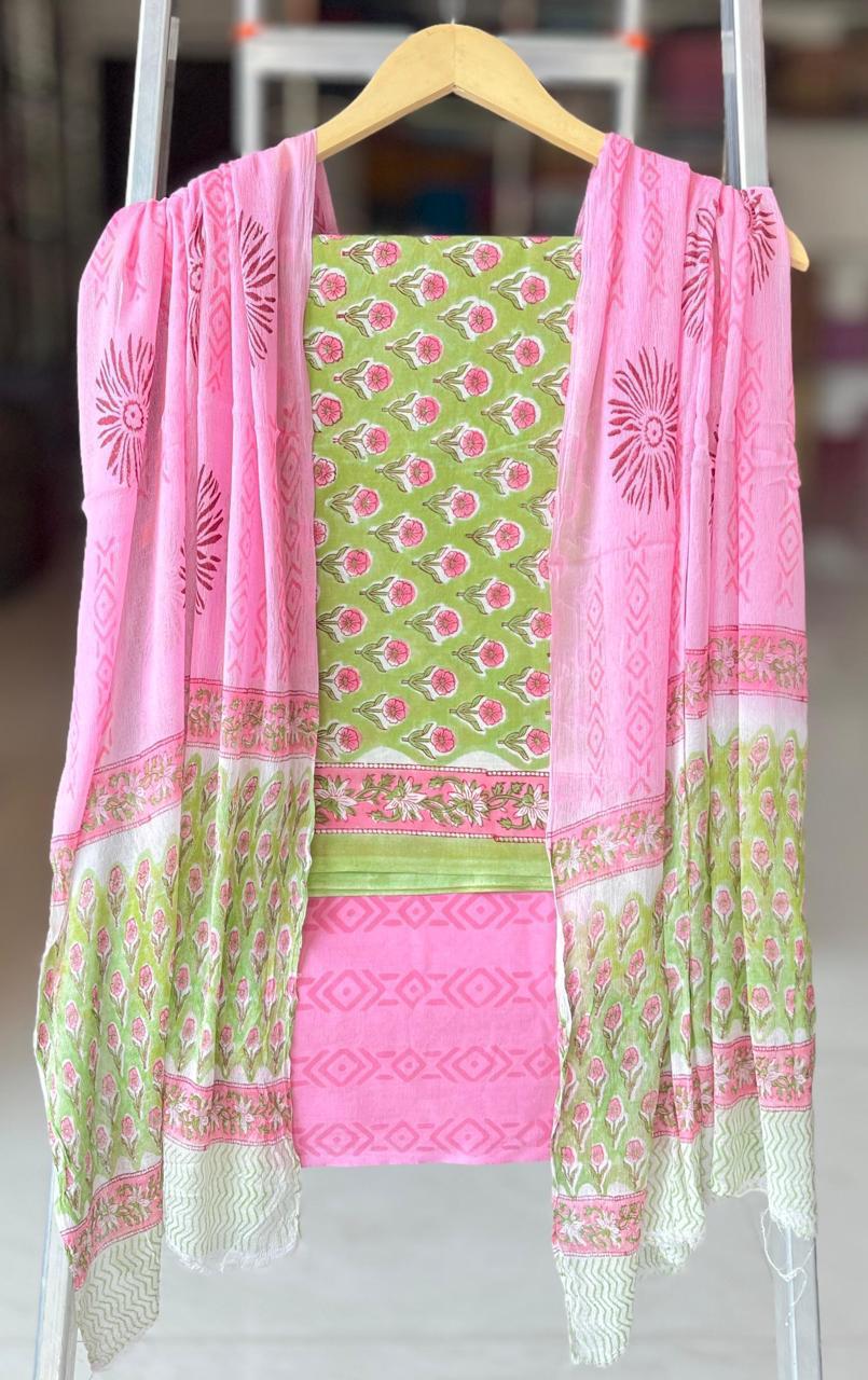 Pure Cotton Hand Block Printed Suit Set With Chiffon Dupatta