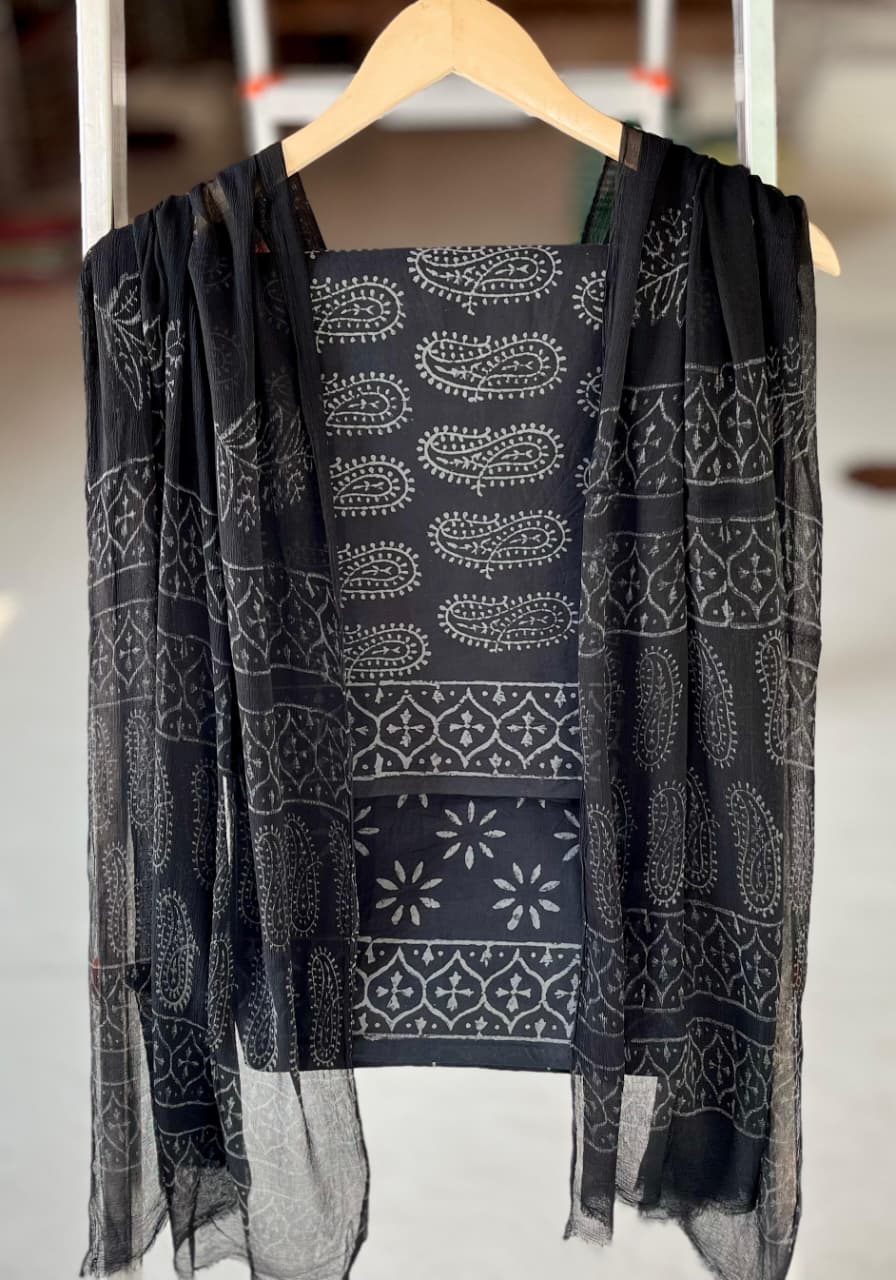 Pure Cotton Hand Block Printed Suit Set With Chiffon Dupatta
