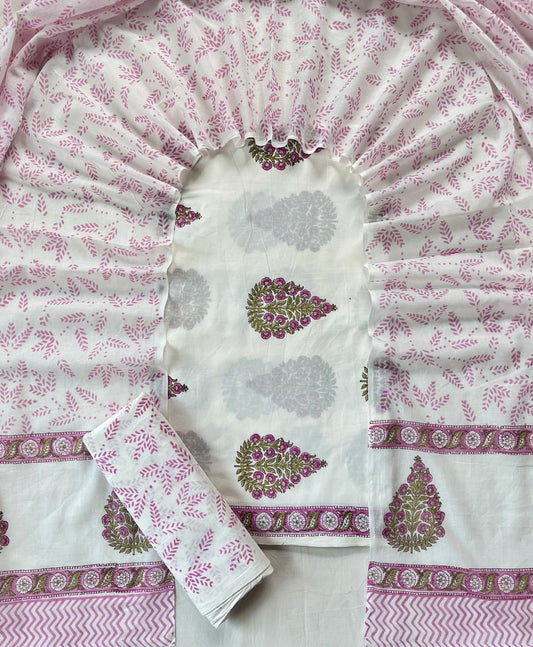 Pure Soft Cotton Hand Block Printed Suit Set With Cotton Dupatta