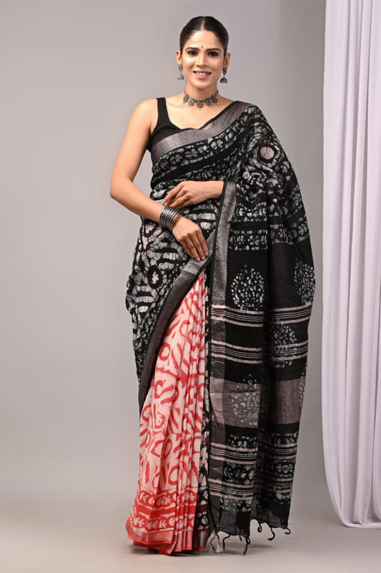 Pure Cotton Linen Handblock Printed Saree With Blouse
