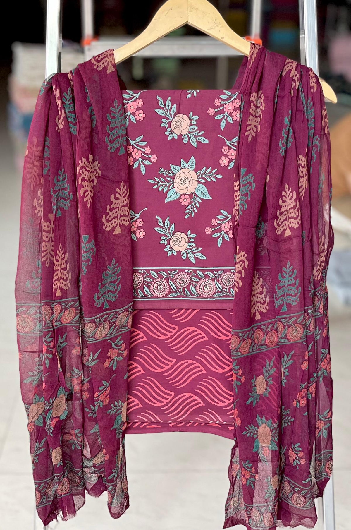 Pure Soft Cotton Hand Block Printed Suit Set With Chiffon Dupatta