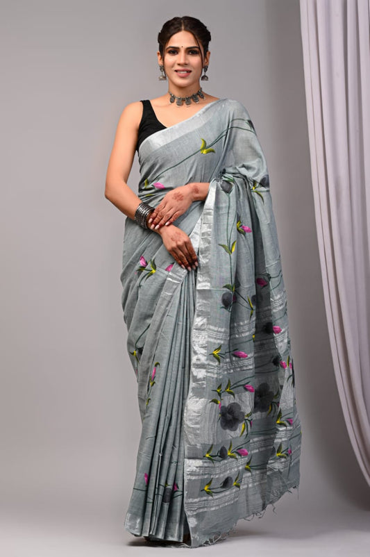Pure Cotton Linen Handblock Printed Saree With Blouse