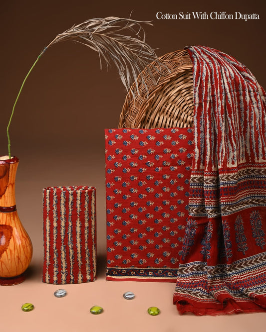 Pure Cotton Hand Block Printed Suit Set With Chiffon Dupatta