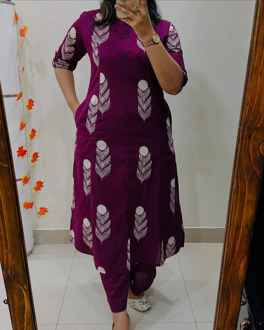 Premium Floral Fine Cotton Printed A-Line Pattern Kurti-Palazzo Set