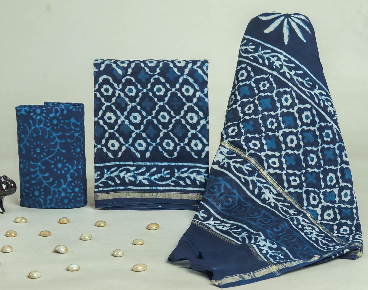 Designer Handblock Printed Chanderi Silk Suit Set