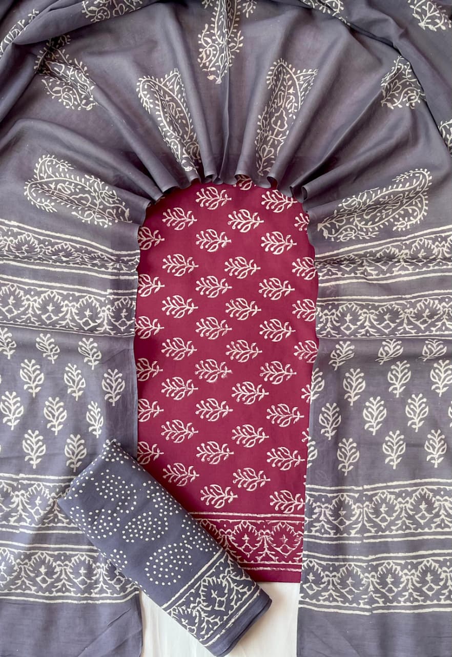 Pure Soft Cotton Hand Block Printed Suit Set With Cotton Dupatta