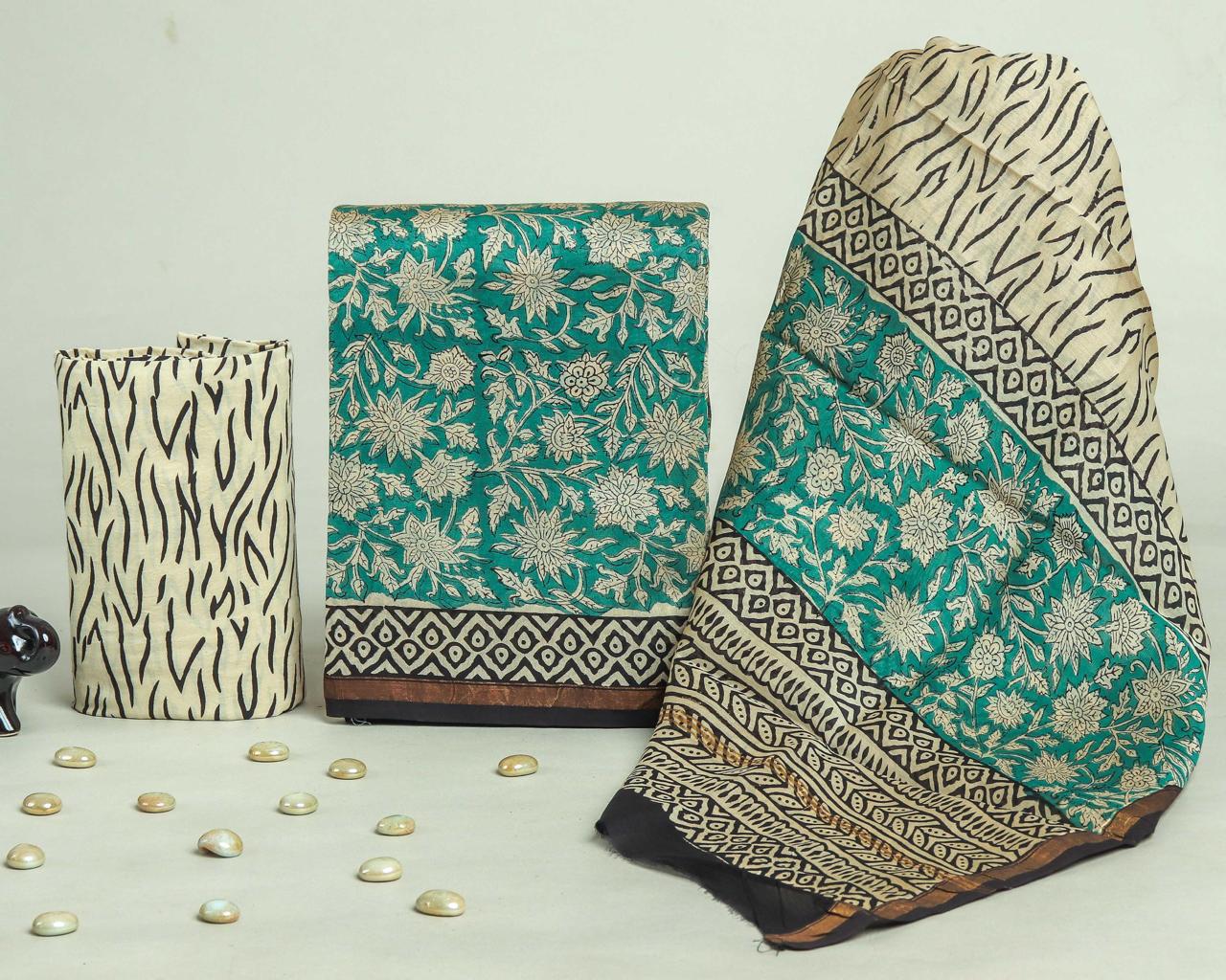 Designer Handblock Printed Chanderi Silk Suit Set