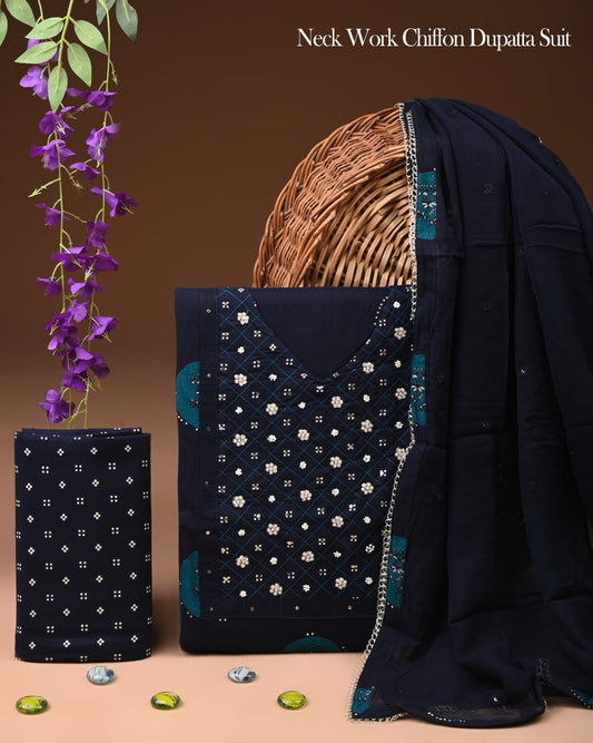 Premium Gota Patti Work Cotton Suit Set With Chiffon Dupatta