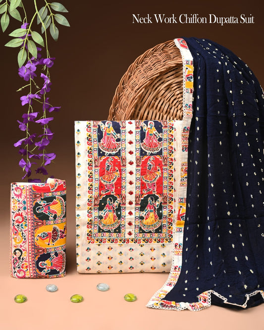 Premium Gota Patti Work Cotton Suit Set With Chiffon Dupatta