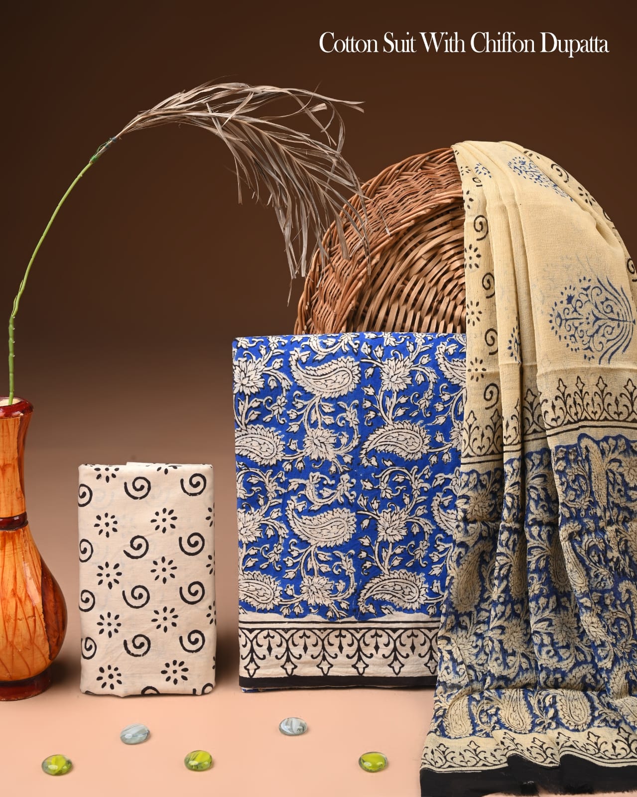 Pure Cotton Hand Block Printed Suit Set With Chiffon Dupatta