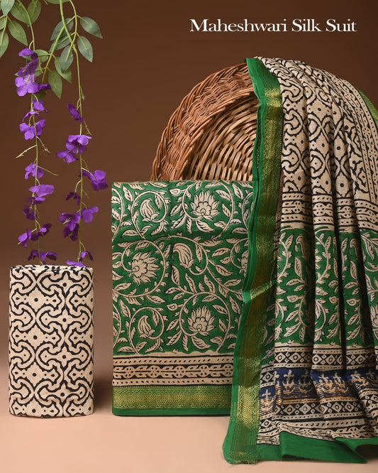 Premium Designer Handblock Printed Maheshwari Silk Suit Set
