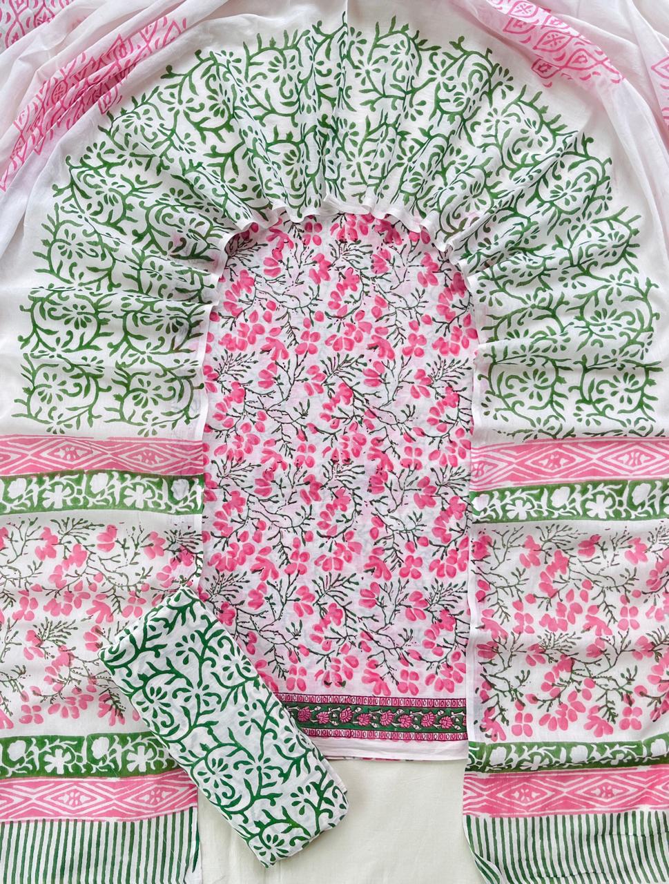 Pure Soft Cotton Hand Block Printed Suit Set With Cotton Dupatta