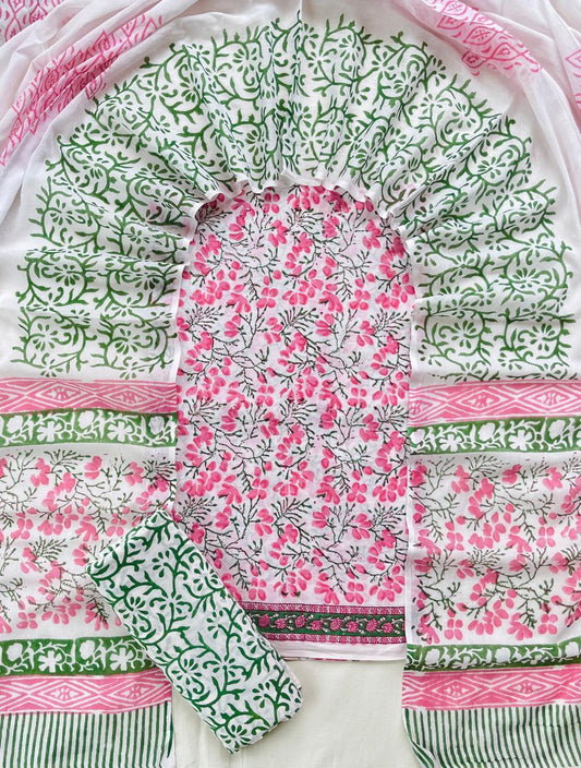 Pure Soft Cotton Hand Block Printed Suit Set With Cotton Dupatta