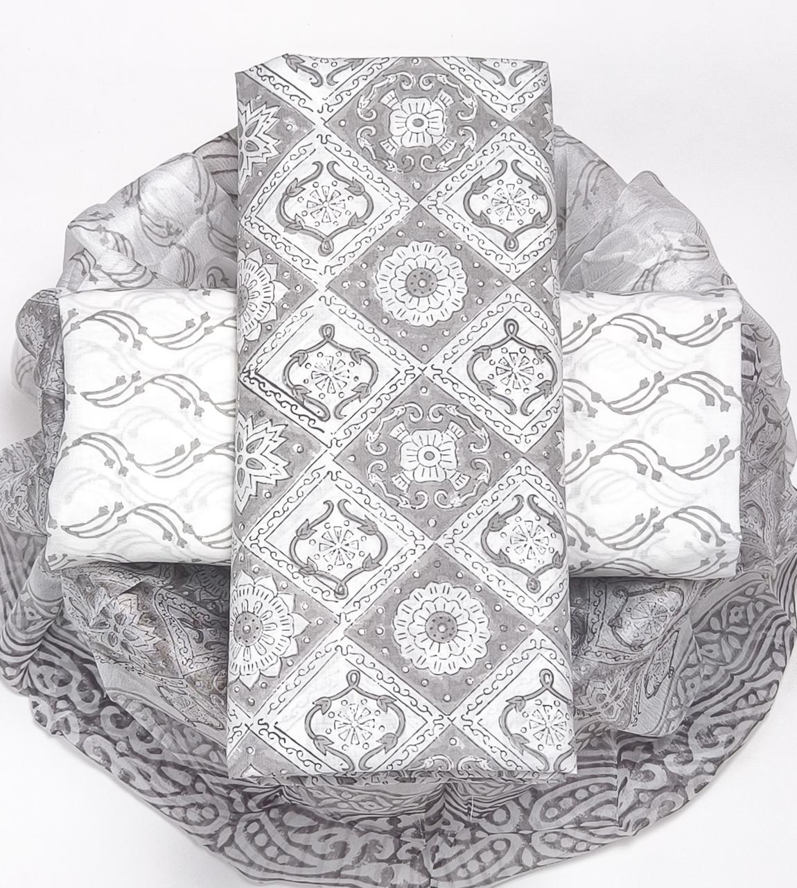 Pure Cotton Hand Block Printed Suit Set With Chiffon Dupatta