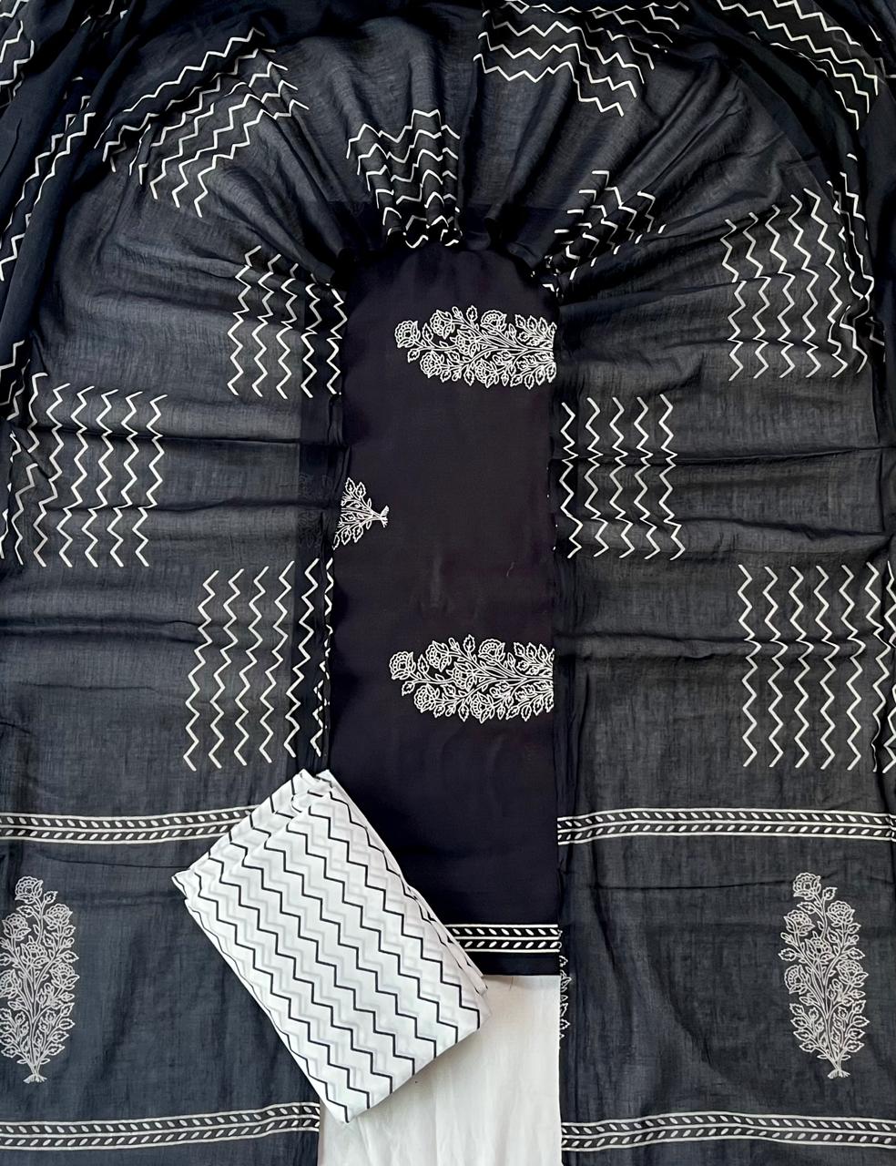 Pure Soft Cotton Hand Block Printed Suit Set With Cotton Dupatta