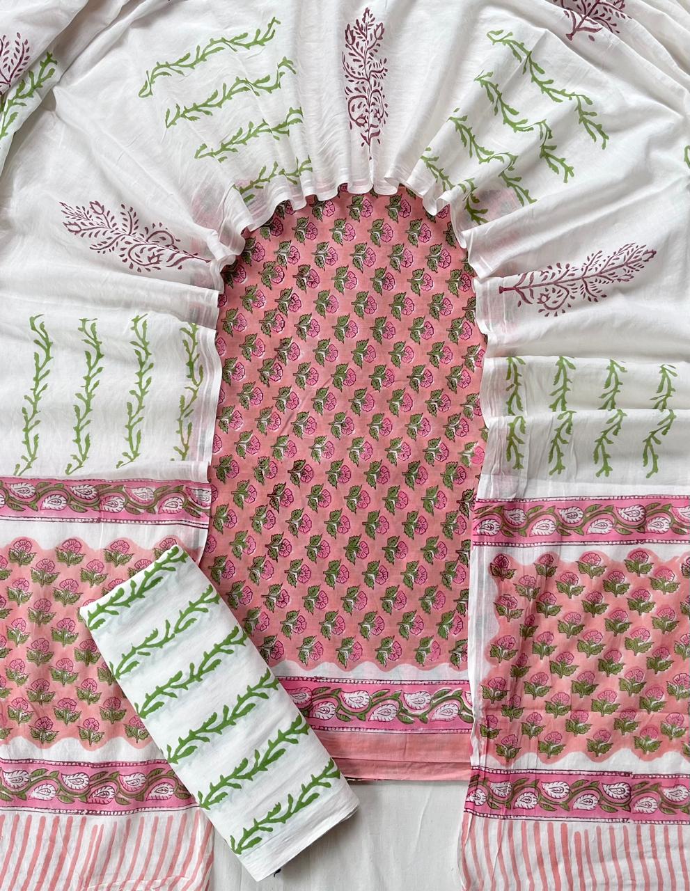Pure Soft Cotton Hand Block Printed Suit Set With Cotton Dupatta