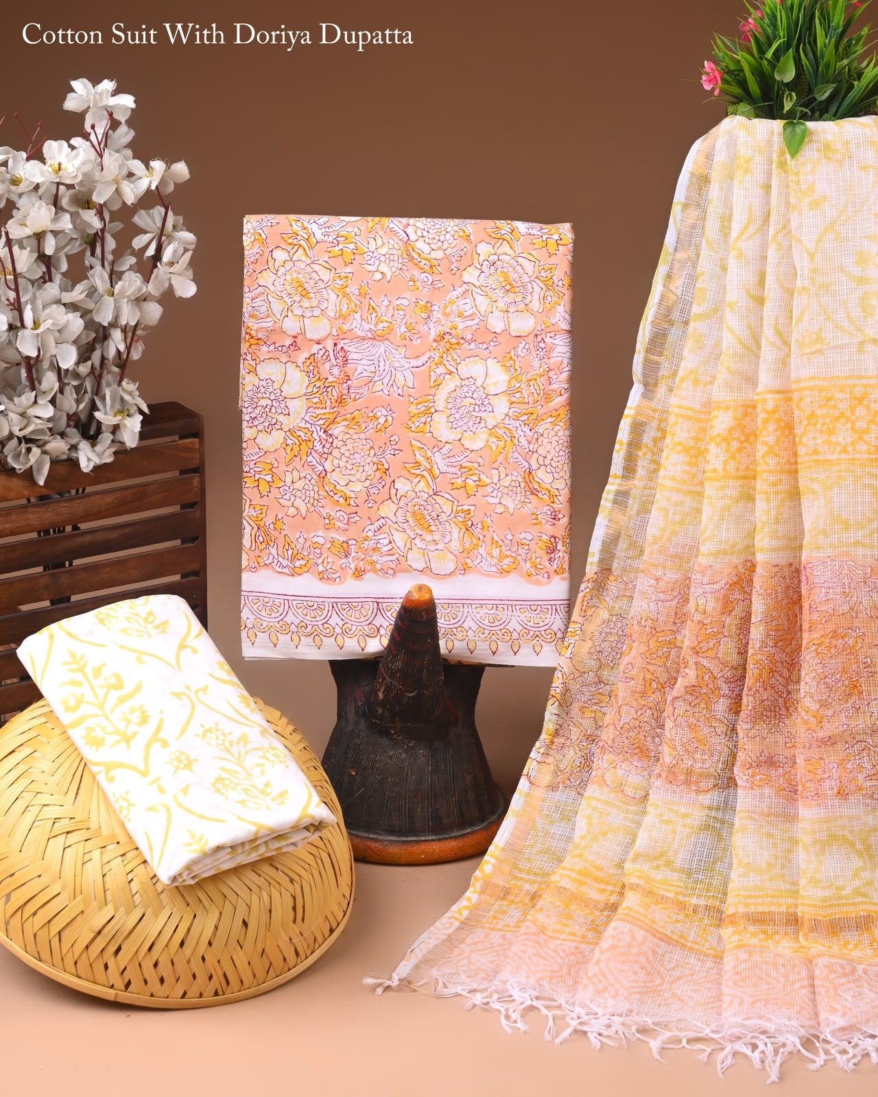 Pure Cotton Hand Block Printed Suit Set With Kota Doria Dupatta