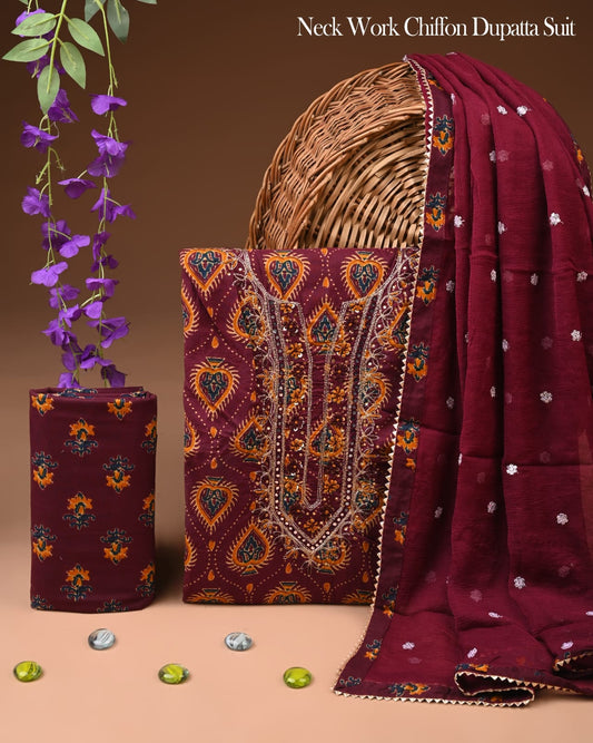 Premium Gota Patti Work Cotton Suit Set With Chiffon Dupatta