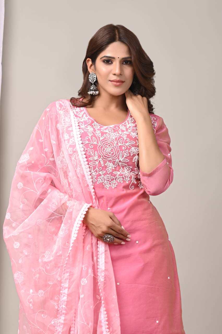 Elegant Coral Chanderi Silk Hand-Embroidered Suit Set with Dupatta