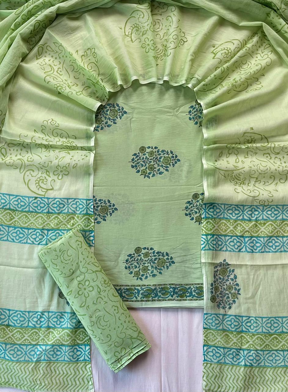 Pure Soft Cotton Hand Block Printed Suit Set With Cotton Dupatta