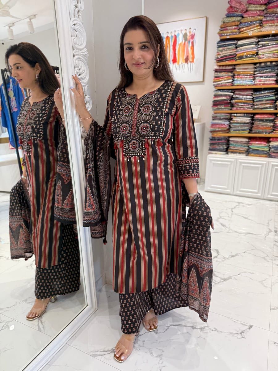 Premium Cotton Suit Set With Detailing Work On Yoke