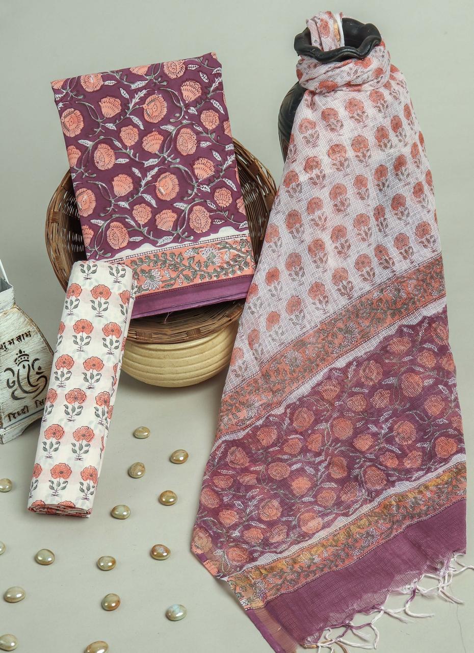 Pure Cotton Hand Block Printed Suit Set With Kota Doria Dupatta
