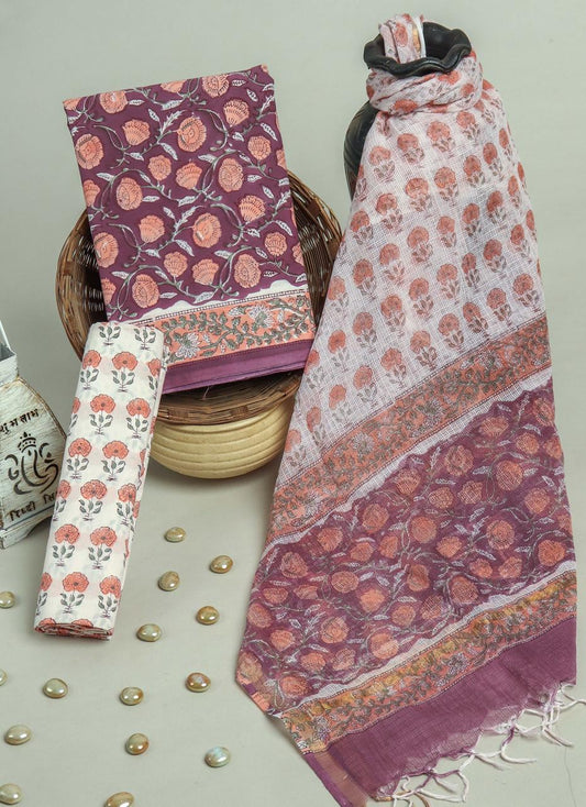 Pure Cotton Hand Block Printed Suit Set With Kota Doria Dupatta