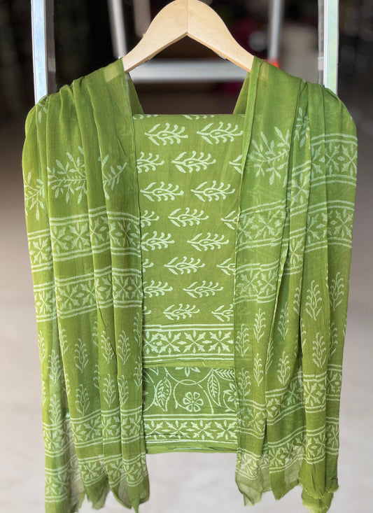 Pure Soft Cotton Hand Block Printed Suit Set With Chiffon Dupatta