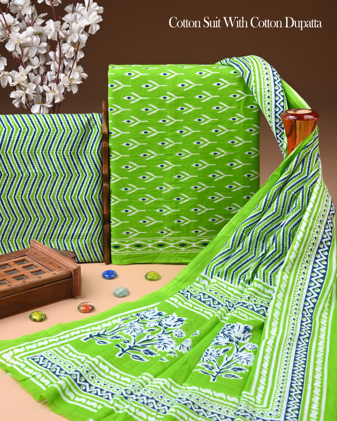 Pure Soft Cotton Hand Block Printed Suit Set With Cotton Dupatta