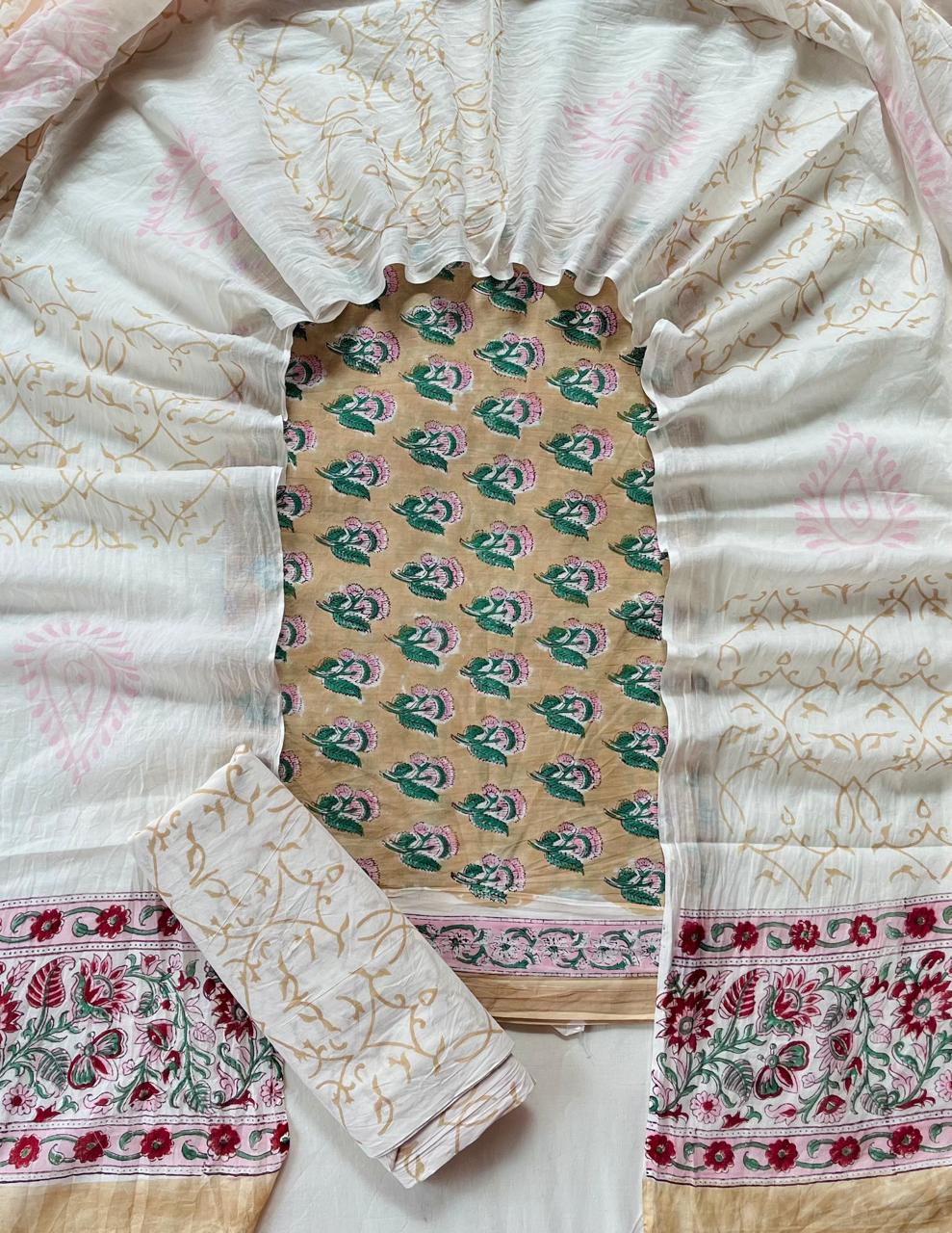 Pure Soft Cotton Hand Block Printed Suit Set With Cotton Dupatta