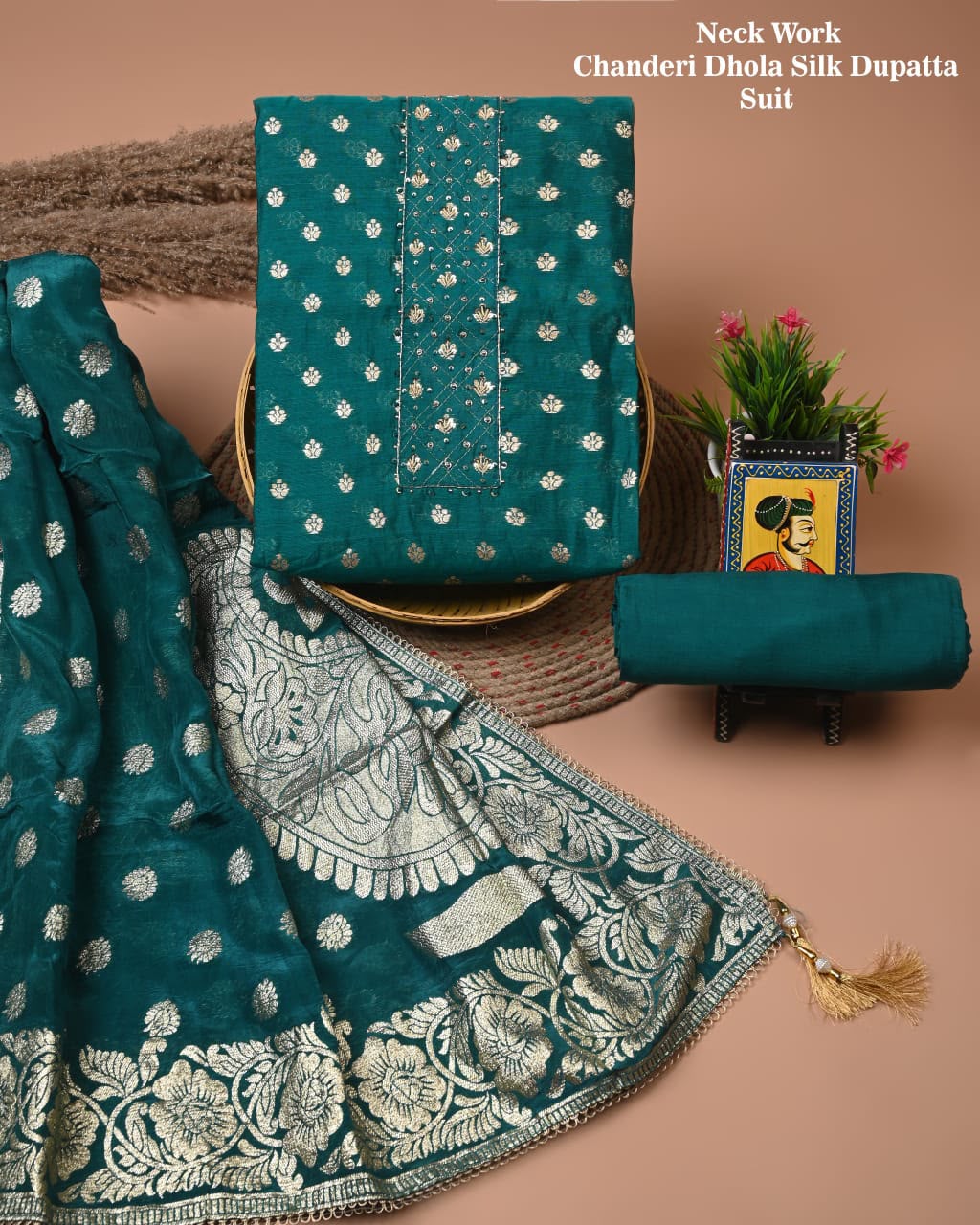 Premium Heavy Neck Work Dola Silk Suit Set