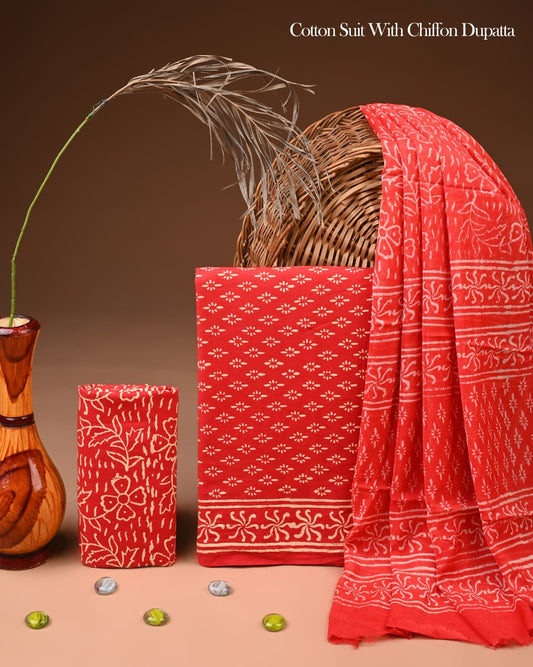 Pure Cotton Hand Block Printed Suit Set With Chiffon Dupatta