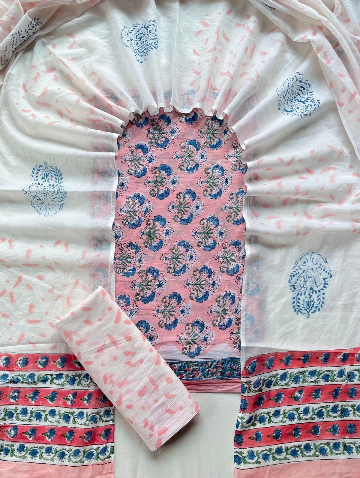 Pure Soft Cotton Hand Block Printed Suit Set With Cotton Dupatta