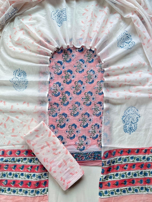 Pure Soft Cotton Hand Block Printed Suit Set With Cotton Dupatta