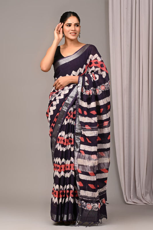 Pure Cotton Linen Handblock Printed Saree With Blouse