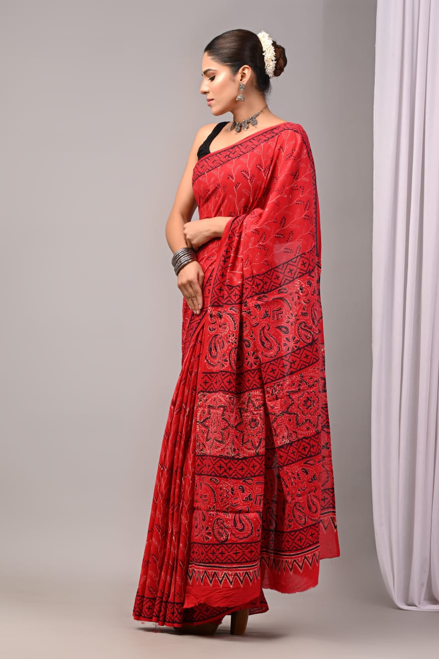 Pure Soft Cotton Handblock Printed Saree With Blouse