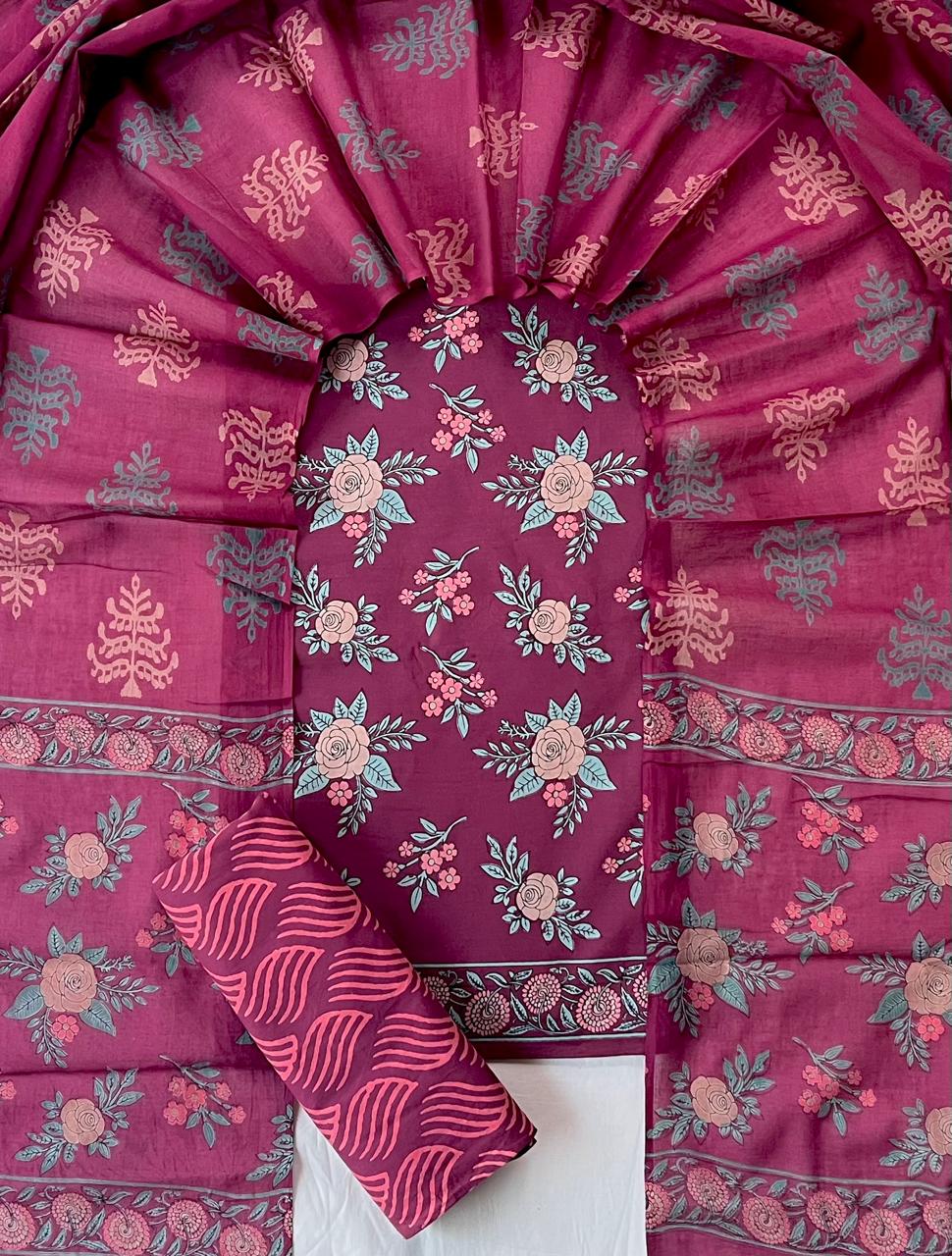 Pure Soft Cotton Hand Block Printed Suit Set With Cotton Dupatta