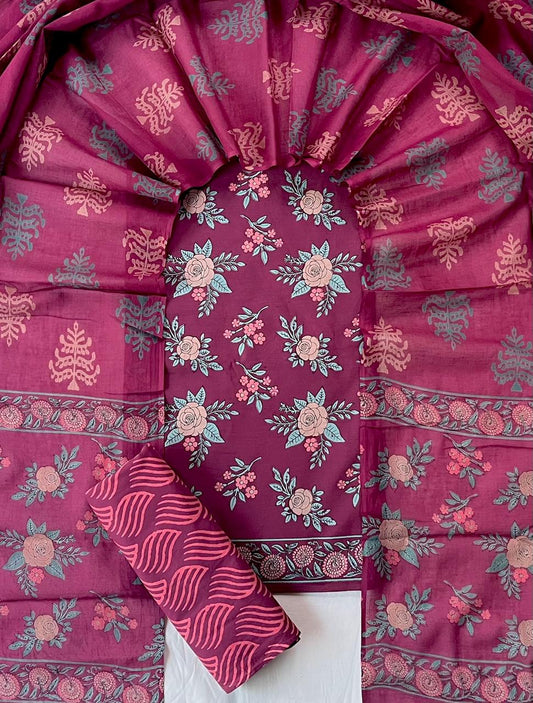 Pure Soft Cotton Hand Block Printed Suit Set With Cotton Dupatta