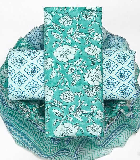 Pure Cotton Hand Block Printed Suit Set With Chiffon Dupatta