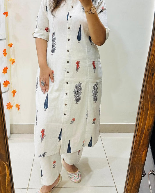 Premium Floral Fine Cotton Printed A-Line Pattern Kurti-Palazzo Set