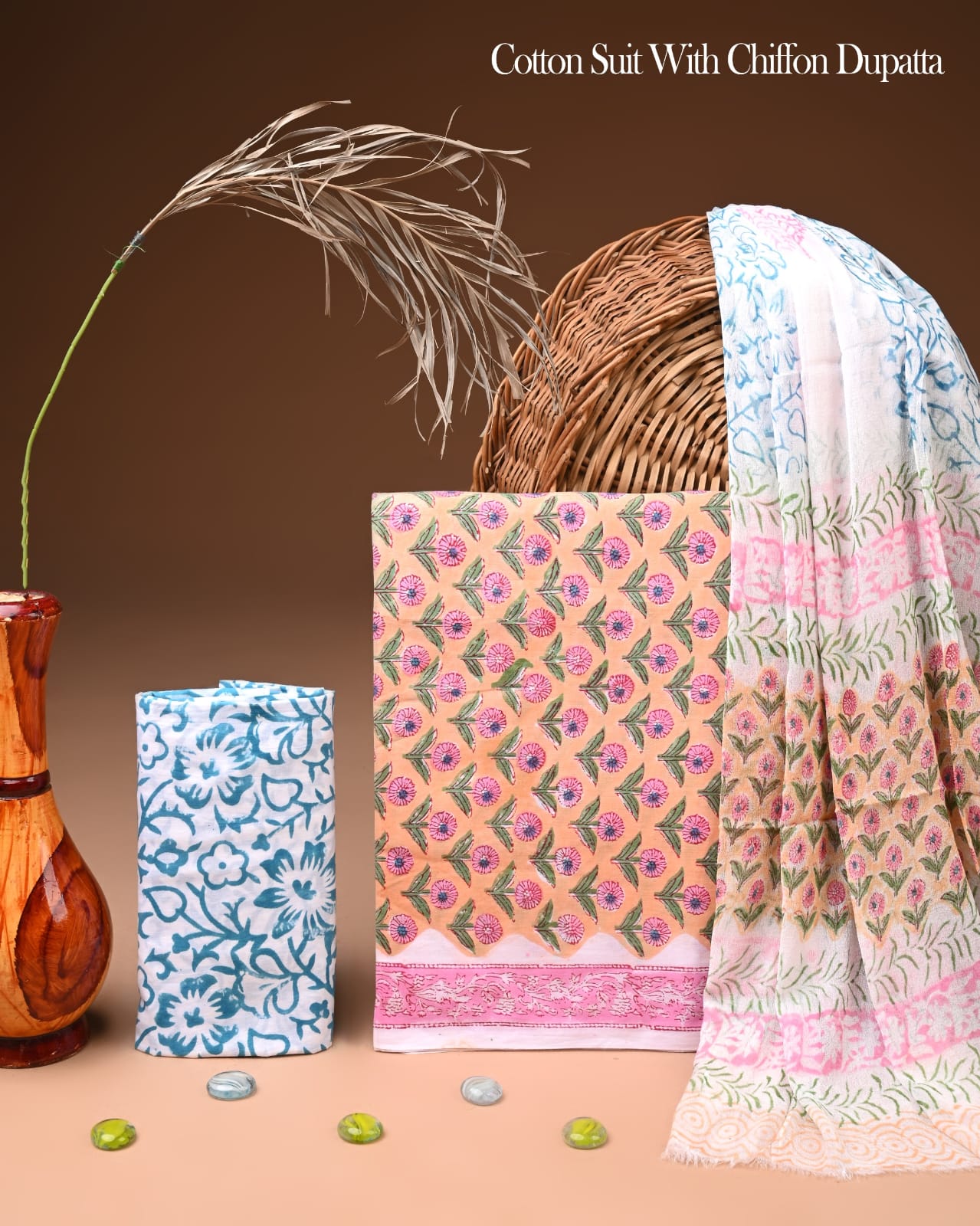 Pure Cotton Hand Block Printed Suit Set With Chiffon Dupatta