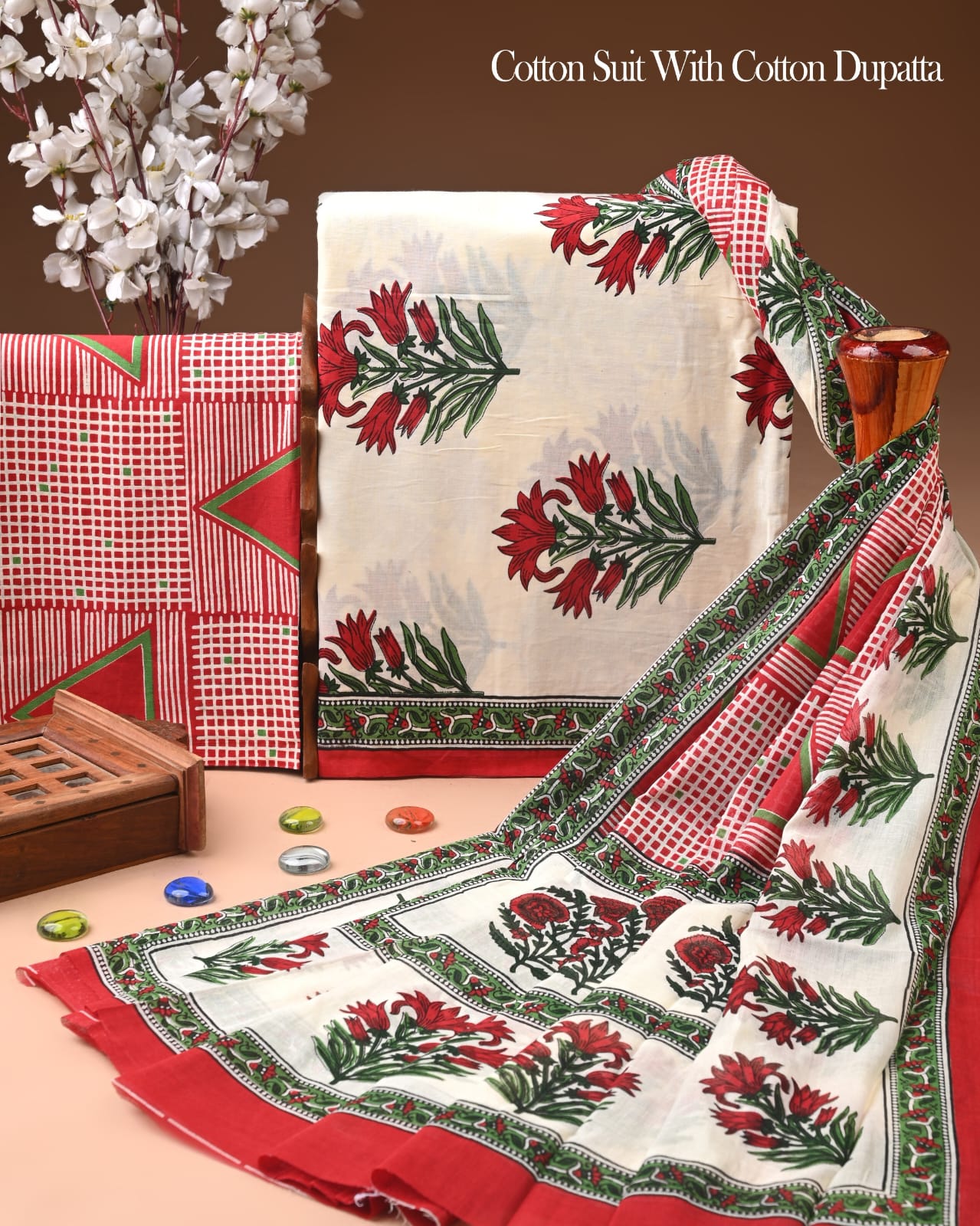 Pure Soft Cotton Hand Block Printed Suit Set With Cotton Dupatta