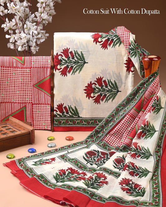 Pure Soft Cotton Hand Block Printed Suit Set With Cotton Dupatta