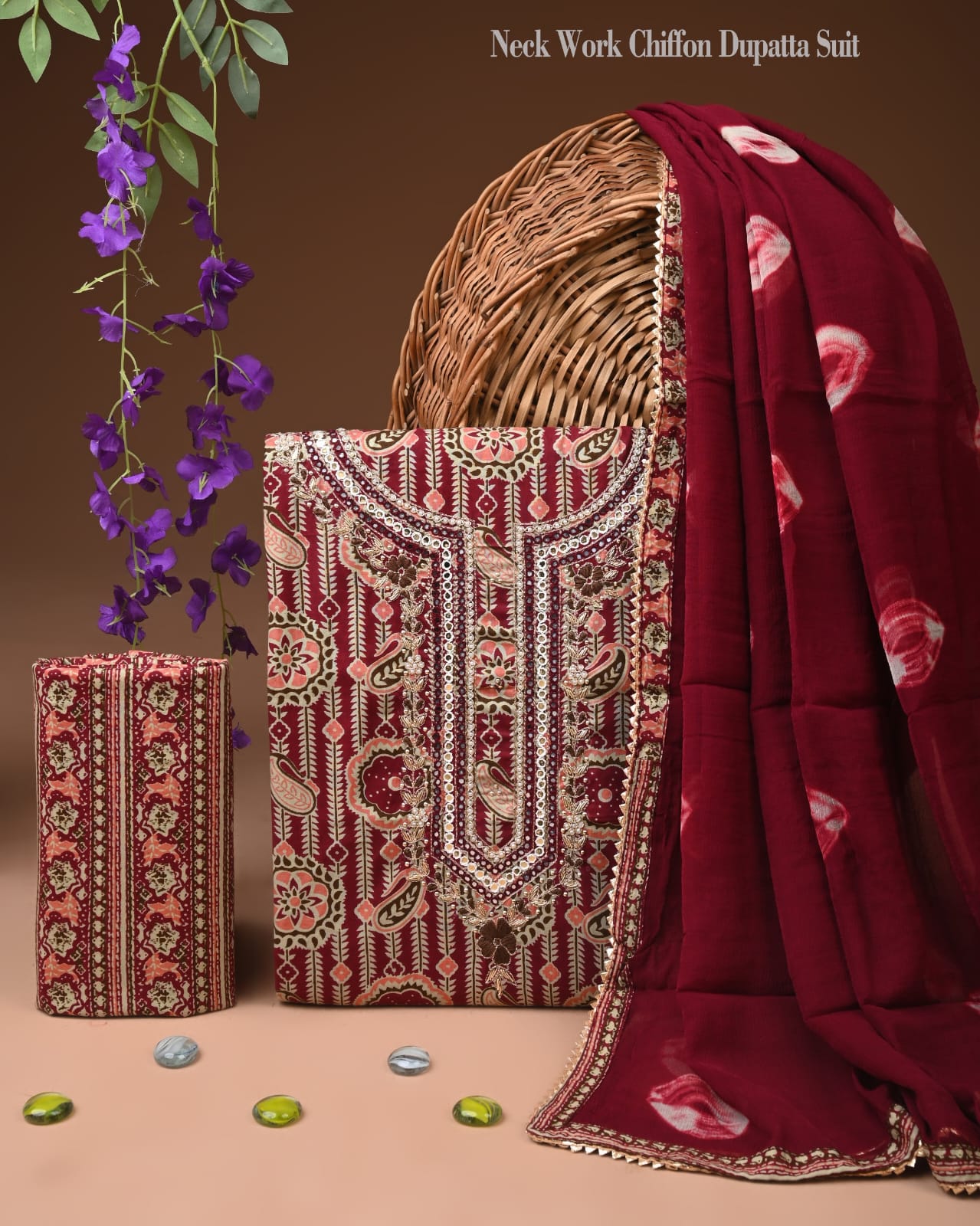 Premium Gota Patti Work Cotton Suit Set With Chiffon Dupatta