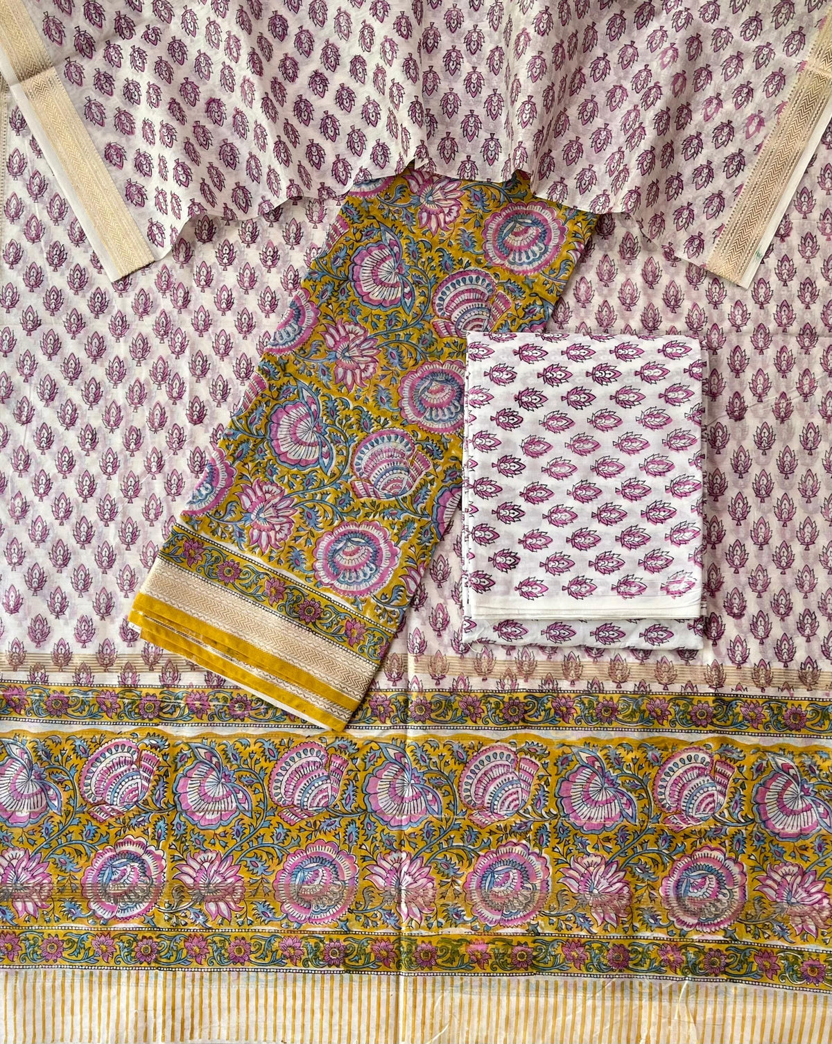 Premium Designer Handblock Printed Maheshwari Silk Suit Set